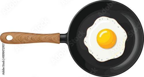 Fried egg in black frying pan illustration, sunny side up breakfast food vector isolated on white background kitchen cooking design