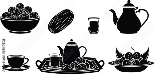 Ramadan Food and Drink Icons Dates Teapot Coffee Cup and Tray with Sweets bowl