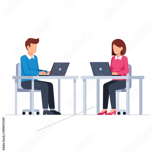 Two people working on laptops at desks, social distancing, office collaboration
