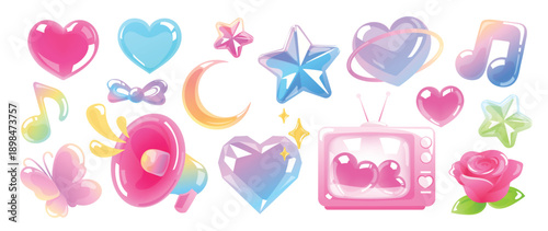 Y2K Valentine icon vector set with retro TV, music note, stars, crescent moon and glossy hearts in pink and pastel tones. Trendy design for stickers, posters, cards and apps.