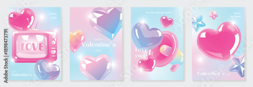 Happy Valentine's Day love TV vector card set with glossy hearts, pastel blue and pink gradient, sparkles and cute icons. Retro romantic design for greeting cards, posters and social media.