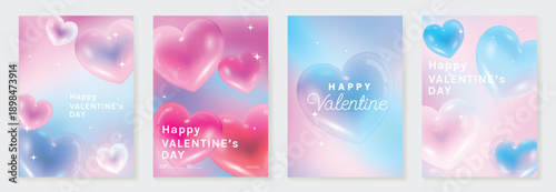 Happy Valentine's Day pastel heart vector poster set with pink gradient, bokeh lights, floating hearts and soft sky background. Dreamy design for posters, cards, banners and social media.