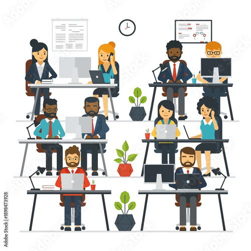 Diverse office workers collaborating and working on computers in a modern workspace.