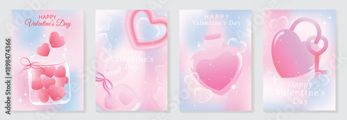 Happy Valentine's Day cute heart lock vector poster set with pastel pink and blue gradients, floating hearts and shimmer highlights. Lovely design for posters, cards, banners and social.