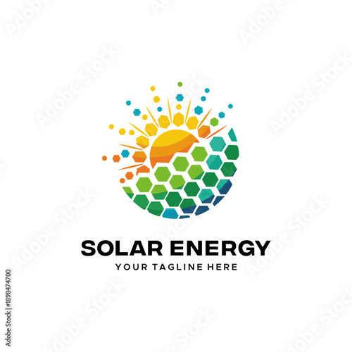 Solar Panel and Sun Logo Vector for Renewable Energy. The icon features a stylized sun formed by colorful geometric hexagons, symbolizing solar panels, renewable power, and eco-friendly technology.