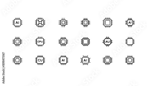 Collection of black and white microchip icons arranged in a grid pattern