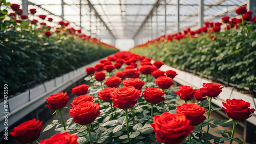 Commercial rose cultivation with shallow depth of field and clean agricultural composition.