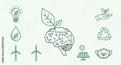Brain with growing plant symbolizing environmental consciousness and innovation.