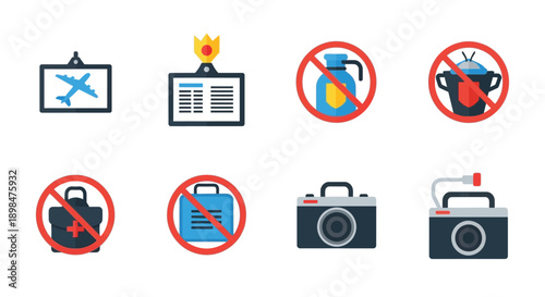 Collection of flat design icons illustrating various travel regulations prohibited items and essential airport information such as flight status boards and restricted baggage.
