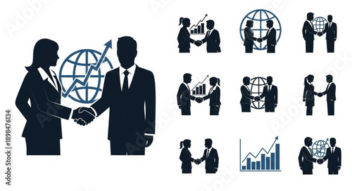 Business handshake icons with globe and graph elements.