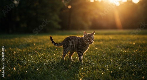 Cat Walking in Grassy Field at Sunset