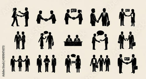 Business handshake silhouette icons set for agreement and partnership.