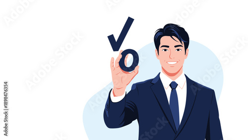 Successful businessman in a blue suit smiling and holding up a check mark symbol to represent a correct answer, approval, or a finished task.