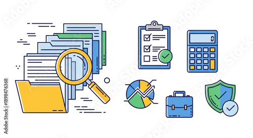 Business icons for finance and data analysis.