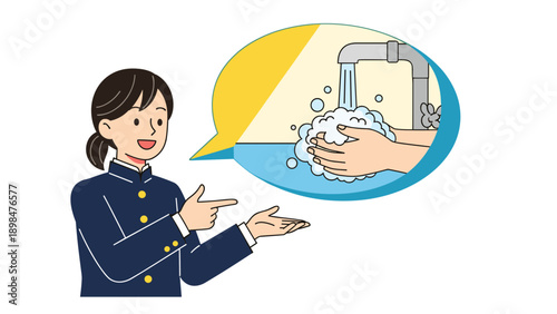 Young schoolgirl in a dark uniform pointing toward a speech bubble that demonstrates the proper way to wash hands under a running water tap.