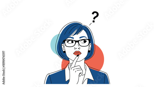 Thoughtful woman with blue hair and glasses looking up with a pensive expression and a question mark above her head against colorful circles.