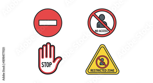 A collection of four distinct graphic icons representing common traffic and access prohibition warnings including stop symbols and restricted zone indicators