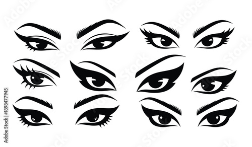 Stylized Black and White Eyes with Eyeliner and Lashes illustration drawing
