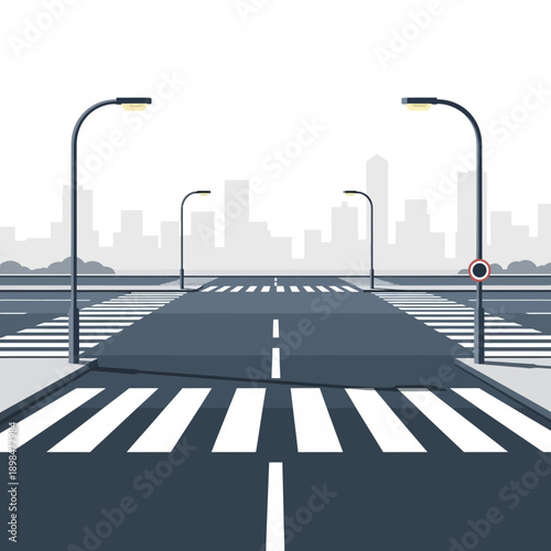 Urban crosswalk, street lights, and city skyline at dusk