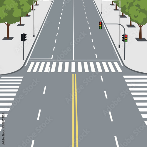 Urban street with traffic lights, crosswalks, and trees, aerial view