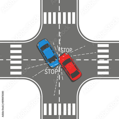 Car crash at intersection: red and blue vehicles collide at crossroads with stop signs