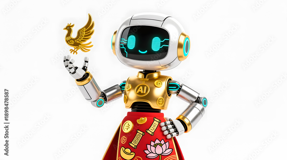 Fototapeta premium Adorable AI robot in red and gold traditional attire posing with a golden phoenix.