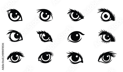 Collection of Stylized Black and White Animal Eyes in Various Expressions and Angles animals wildlife