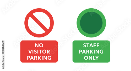 Parking restriction signs indicating clearly no visitor parking allowed beside an area exclusively reserved for staff only parking in bold graphic illustration