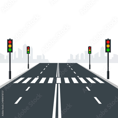 Urban crosswalk and traffic lights on a city road, urban planning, traffic control.