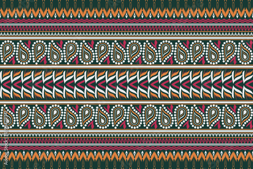 Seamless ethnic paisley pattern with geometric tribal borders, boho textile background for fabric, wallpaper