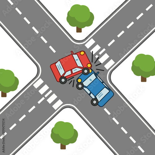 Car crash at intersection, two vehicles colliding on road with crosswalk and trees.