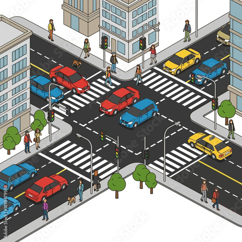 Busy City Intersection with Cars and Pedestrians, Isometric View