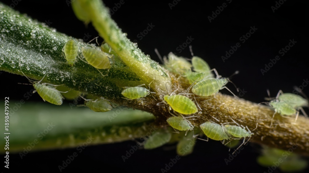 Fototapeta premium Intricate Macro Photograph of a Vibrant Green Aphid Colony Clustered on a Textured Plant Stem