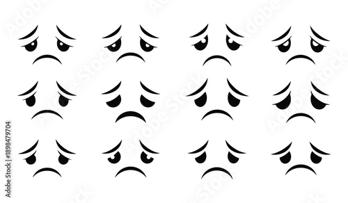 Set of Black Stylized Sad Faces and Expressions on White Background stylized faces black and white