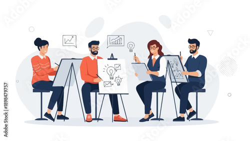 Creative Team Brainstorming Ideas and Drawing in Workshop