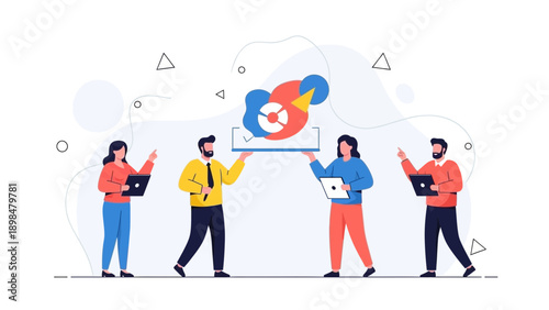 Diverse team collaborating on project with abstract graphic