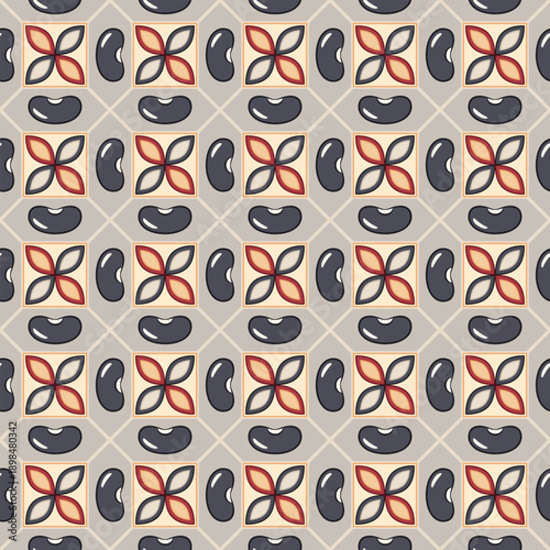 Seamless pattern of black kidney beans on geometric grid. Minimalist vector icons, flat simple design. Perfect for organic packaging, vegan labels, textile prints, wellness branding