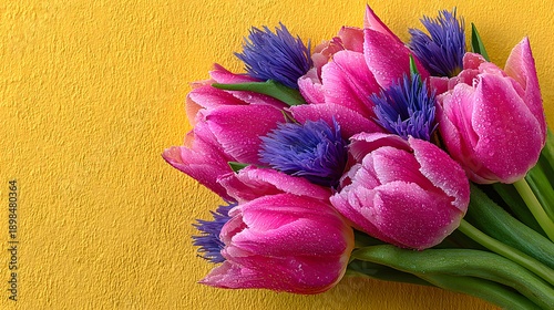 Vibrant Pink Tulips and Purple Thistles on Textured Yellow Background - Floral Poster Design