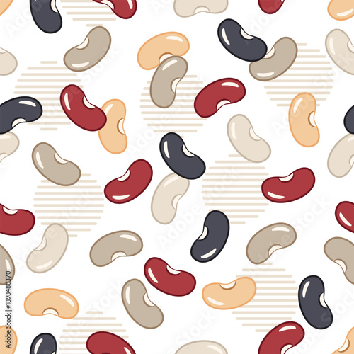Seamless pattern with randomly scattered kidney beans. Minimalist flat vector icons on textured transparent background