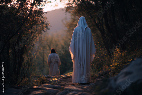 Jesus Christ and the Virgin Mary walking along a quiet path at dusk, symbolizing Easter faith, spiritual journey, devotion, following the calling, and biblical history.