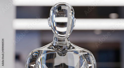 A highly reflective, chrome-plated humanoid mannequin stands in a modern, minimalist interior space.