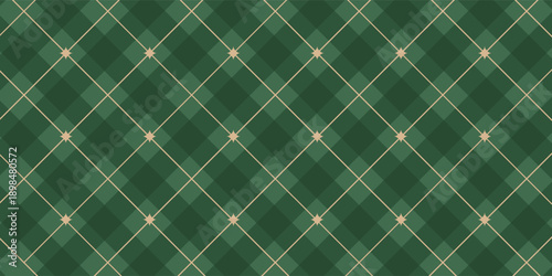 Christmas rhombus seamless pattern. Xmas plaid texture with gold line and stars. Green argyle geometric diamond abstract pattern. Christmas wrapping. Vector illustration isolated on green background.