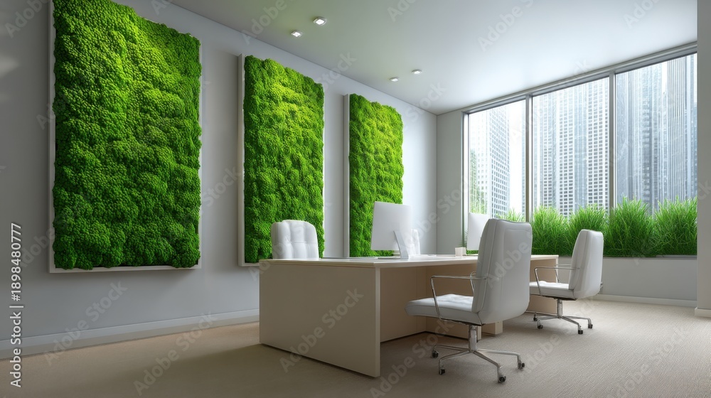 Fototapeta premium Modern office interior featuring lush green moss walls creating a tranquil, eco-friendly workspace with city skyline view and natural light filtering through windows