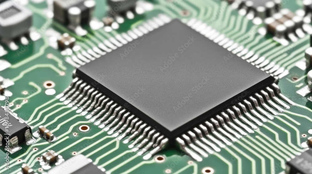 Obraz premium Close-Up View of a Circuit Board with a Black Microchip Surrounded by Electrical Components and Connections for Technological Applications