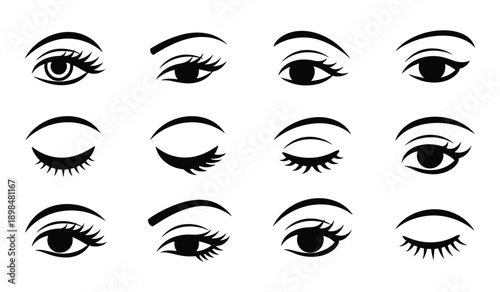 Collection of 12 Black and White Stylized Eye Icons eyes eyelash