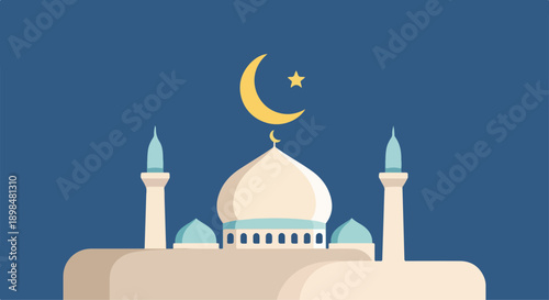 An illustration of a mosque with a crescent moon and star on top at night.