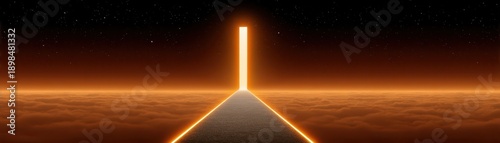 A surreal pathway leads to a glowing door against a starry sky, symbolizing exploration and transcendence over a sea of clouds.