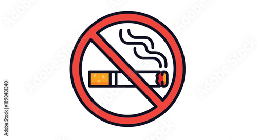 Simple flat icon graphic illustrating a universal prohibition sign indicating that smoking cigarettes is strictly forbidden in this area for public health safety