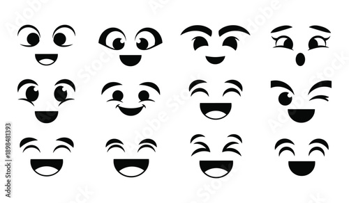 Set of 12 Black and White Cartoon Face Expressions Icons vector illustration