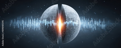 A digitally designed sphere split in half, revealing a glowing core, with sound wave patterns in the background, suggesting themes of technology and sound.